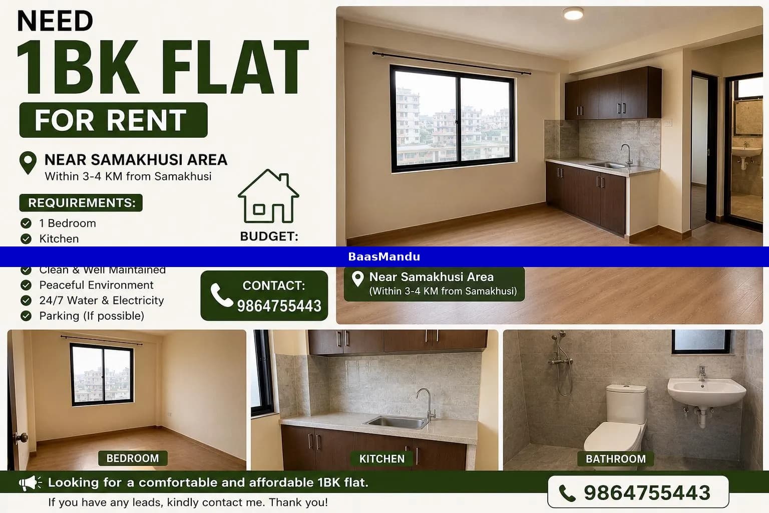 need 1bk flat near samakhsui area ( within 3-4km) - 1